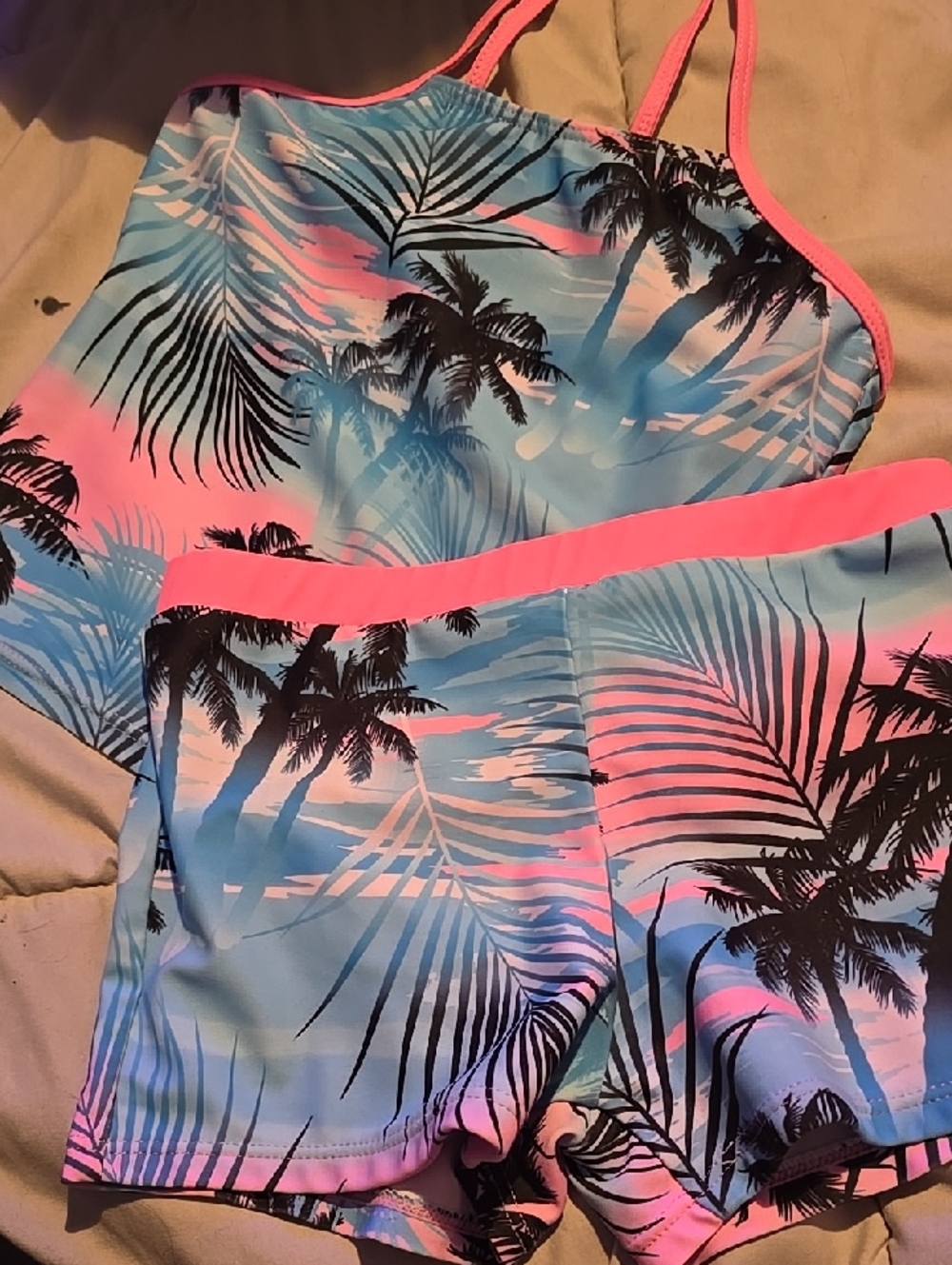 !!.            Girls  XL Two-Piece Tropical Palm Print Swimsuit in Pink and Blue